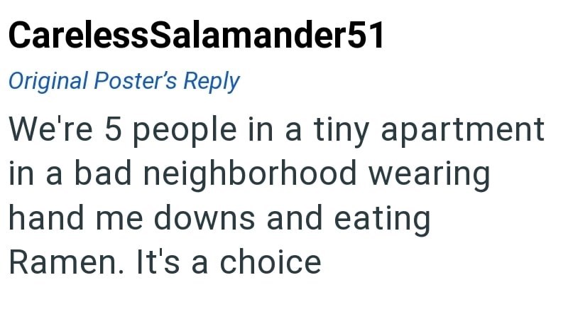CarelessSalamander51 Original Poster's Reply We're 5 people in a tiny apartment in a bad neighborhood wearing hand me downs and eating Ramen. It's a choice