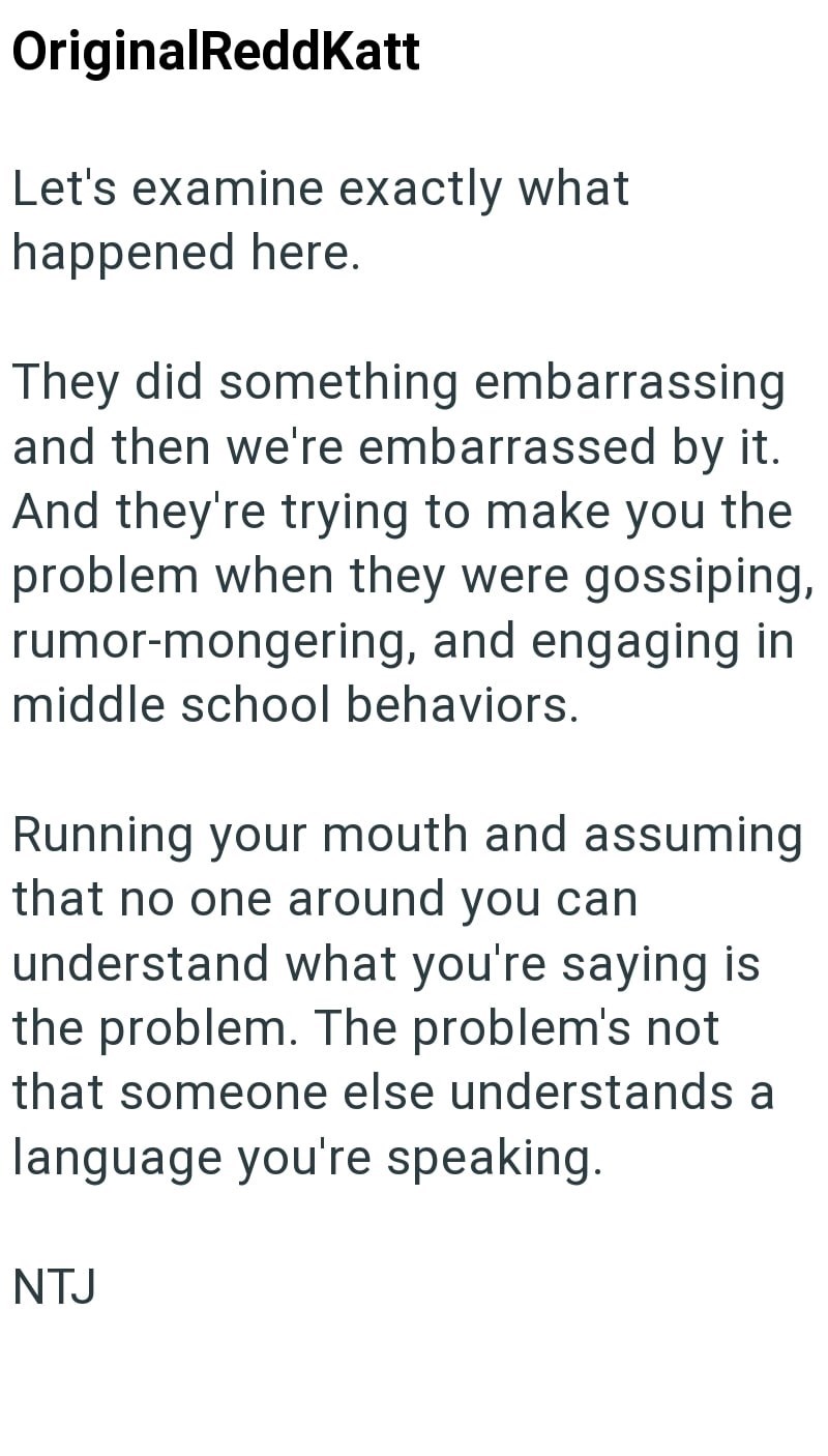 OriginalReddKatt Let's examine exactly what happened here. They did something embarrassing and then we're embarrassed by it. And they're trying to make you the problem when they were gossiping, rumor-mongering, and engaging in middle school behaviors. Running your mouth and assuming that no one around you can understand what you're saying is the problem. The problem's not that someone else understands a language you're speaking. NTJ