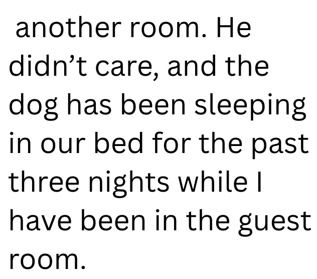 another room. He didn't care, and the dog has been sleeping in our bed for the past three nights while I have been in the guest room.