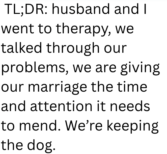 TL;DR: husband and I went to therapy, we talked through our problems, we are giving our marriage the time and attention it needs to mend. We're keeping the dog.