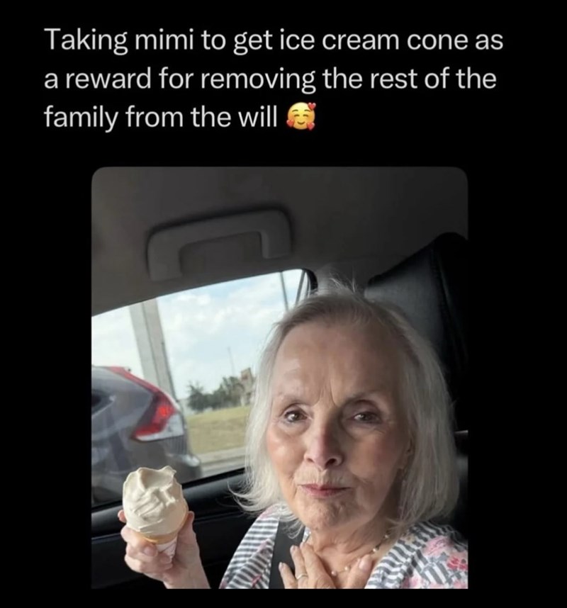 Taking mimi to get ice cream cone as a reward for removing the rest of the family from the will