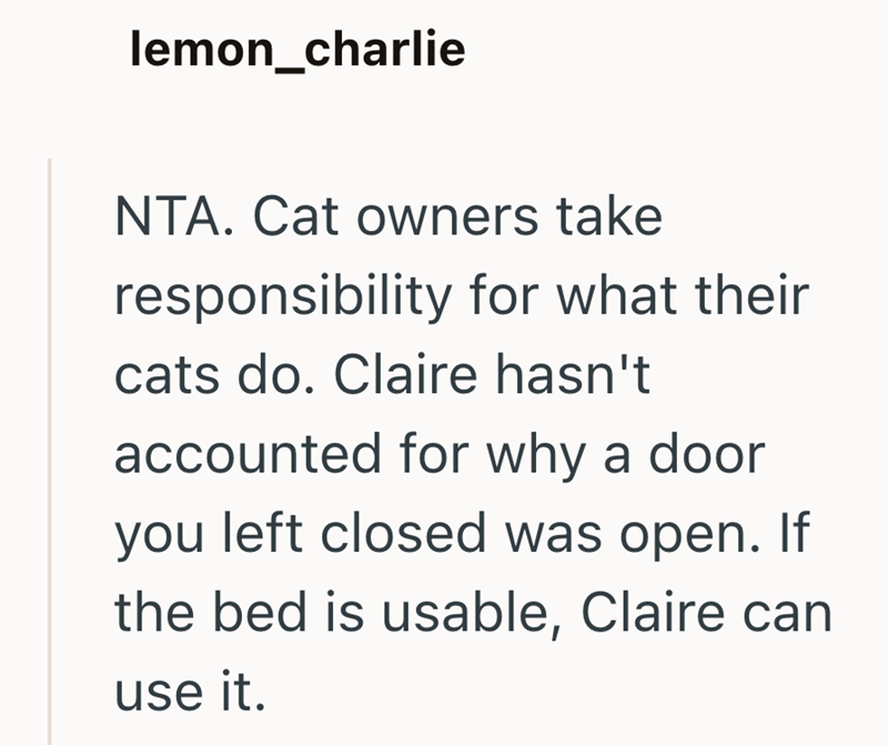 lemon_charlie NTA. Cat owners take responsibility for what their cats do. Claire hasn't accounted for why a door you left closed was open. If the bed is usable, Claire can use it.
