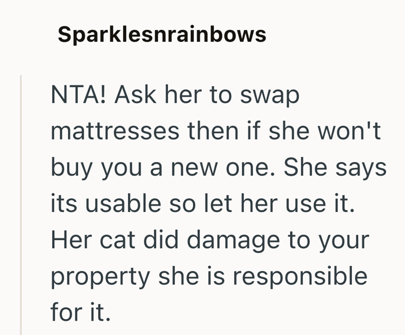 Sparklesnrainbows NTA! Ask her to swap mattresses then if she won't buy you a new one. She says its usable so let her use it. Her cat did damage to your property she is responsible for it.
