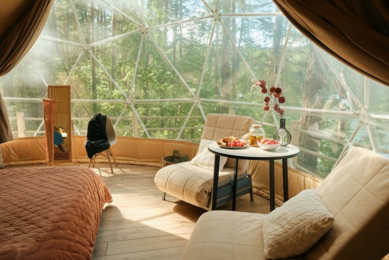 Glamping cabin setup with a meal, bed, and 2 chairs in a relaxing wooded area.