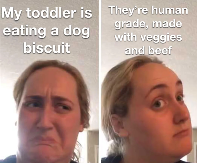 My toddler is eating a dog biscuit They're human grade, made with veggies and beef