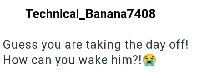 Technical_Banana7408 Guess you are taking the day off! How can you wake him?!