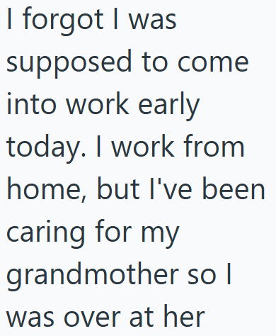 I forgot I was supposed to come into work early today. I work from home, but I've been caring for my grandmother so I was over at her