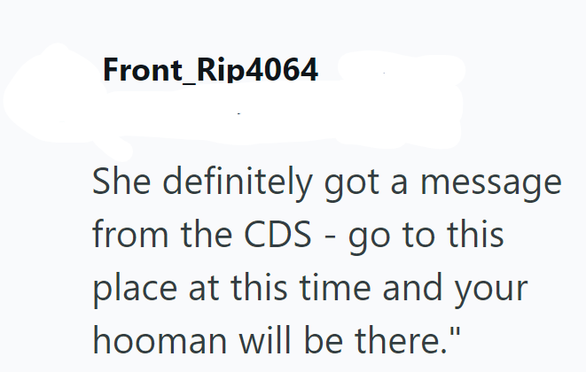 Front_Rip4064 She definitely got a message from the CDS go to this place at this time and your hooman will be there."