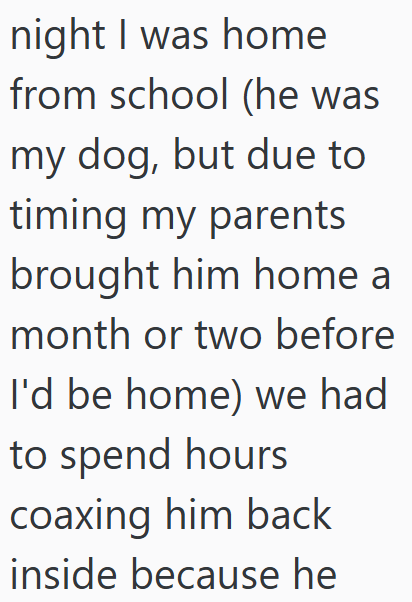 night I was home from school (he was my dog, but due to timing my parents brought him home a month or two before I'd be home) we had to spend hours coaxing him back inside because he