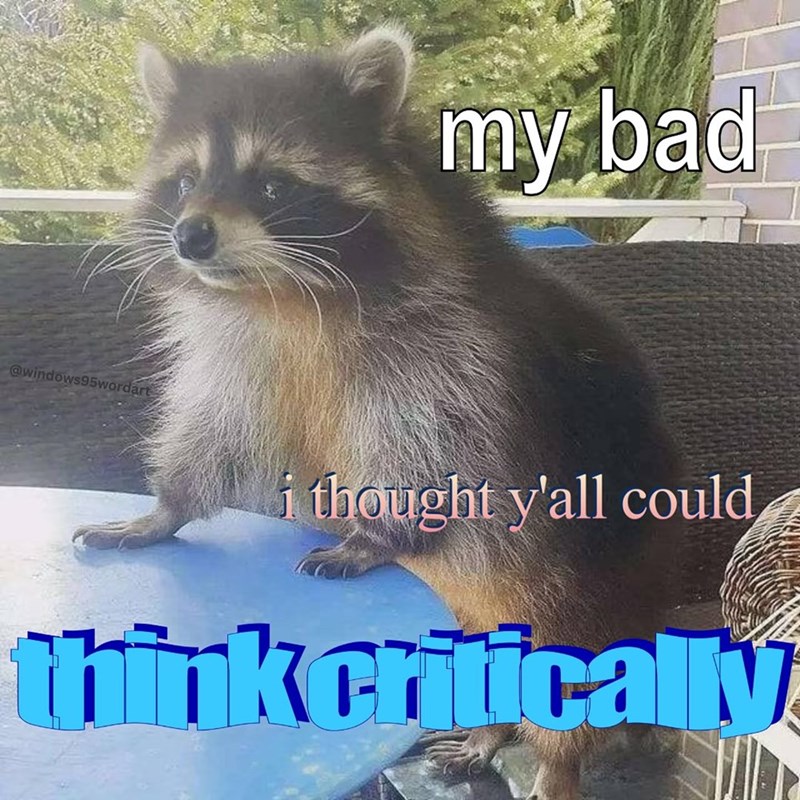 my bad @windows95wordart thought y'all could think critically