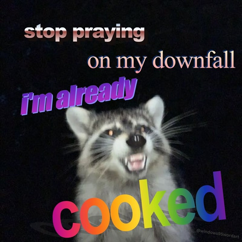 stop praying on my downfall I'm already cooked @windows95wordart