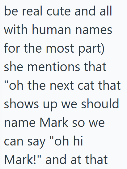be real cute and all with human names for the most part) she mentions that "oh the next cat that shows up we should name Mark so we can say "oh hi Mark!" and at that