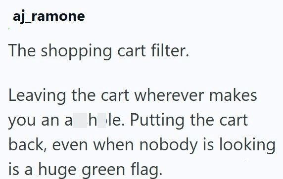 aj_ramone The shopping cart filter. Leaving the cart wherever makes you an a hole. Putting the cart back, even when nobody is looking is a huge green flag.
