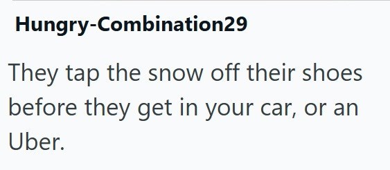 Hungry-Combination29 They tap the snow off their shoes before they get in your car, or an Uber.