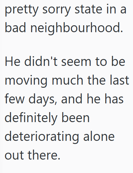 pretty sorry state in a bad neighbourhood. He didn't seem to be moving much the last few days, and he has definitely been deteriorating alone out there.