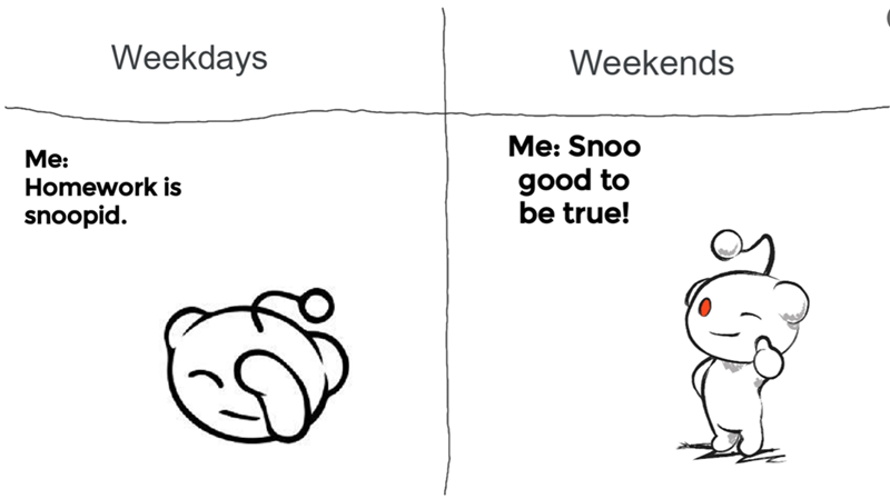 Weekdays Weekends Me: Homework is snoopid. Me: Snoo good to be true! B