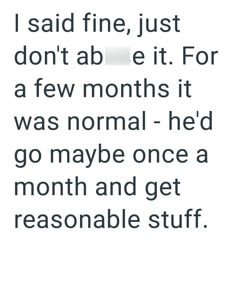 I said fine, just don't ab e it. For a few months it was normal - he'd go maybe once a month and get reasonable stuff.