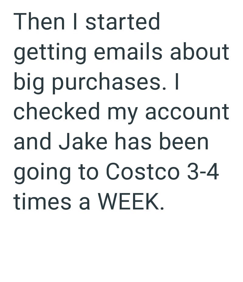 Then I started getting emails about big purchases. I checked my account and Jake has been going to Costco 3-4 times a WEEK.