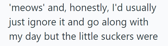 'meows' and, honestly, I'd usually just ignore it and go along with my day but the little suckers were