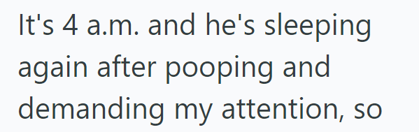 It's 4 a.m. and he's sleeping again after pooping and demanding my attention, so