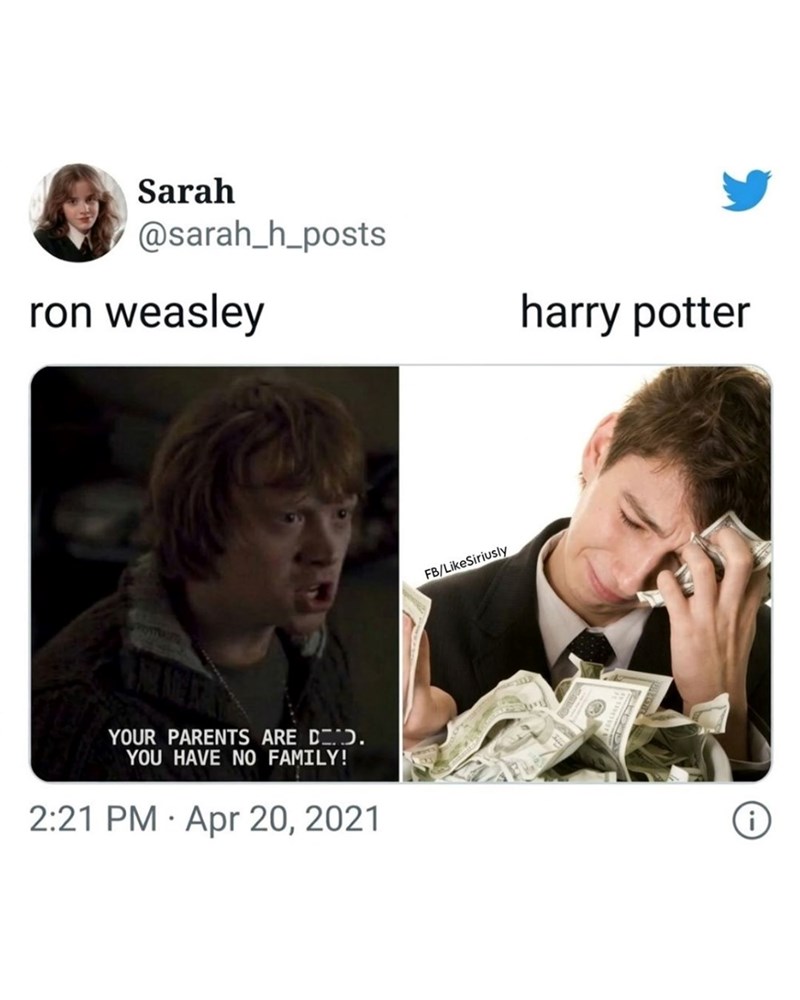 Sarah @sarah_h_posts ron weasley SAVE ARE ARS YOUR PARENTS ARE DED. YOU HAVE NO FAMILY! 2:21 PM Apr 20, 2021 FB/LikeSiriusly harry potter i