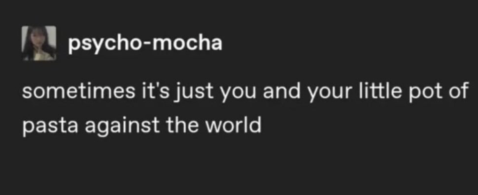 psycho-mocha sometimes it's just you and your little pot of pasta against the world