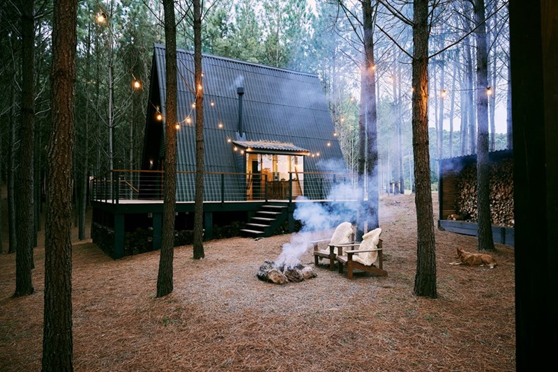 Stylish cabin in the middle of the woods, with 2 luxury chairs sitting in front of a smoking fire.