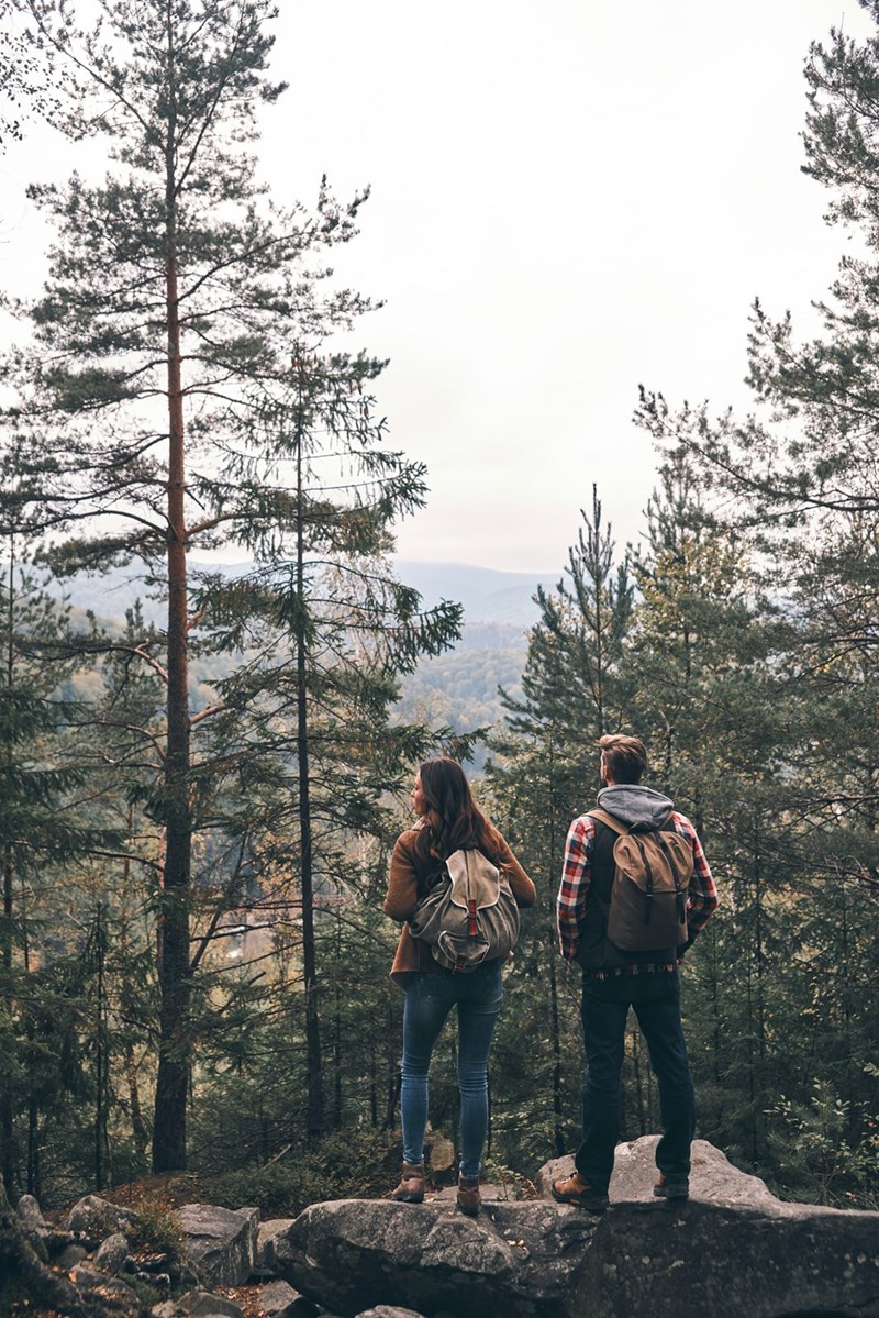 Couple wearing hiking gear gaze out into the wilderness together.