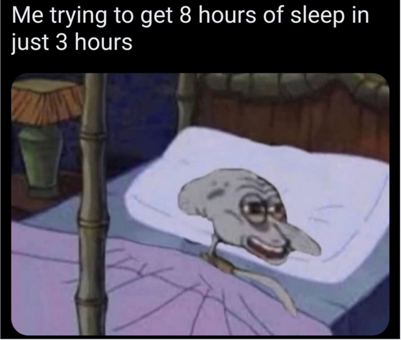 Me trying to get 8 hours of sleep in just 3 hours