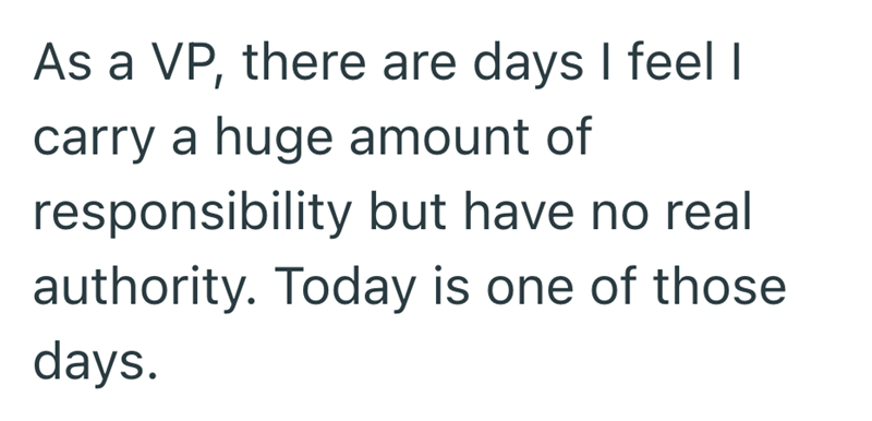 As a VP, there are days I feel I carry a huge amount of responsibility but have no real authority. Today is one of those days.
