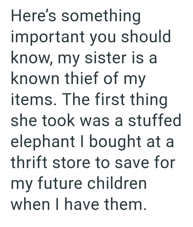 Here's something important you should know, my sister is a known thief of my items. The first thing she took was a stuffed elephant I bought at a thrift store to save for my future children when I have them.
