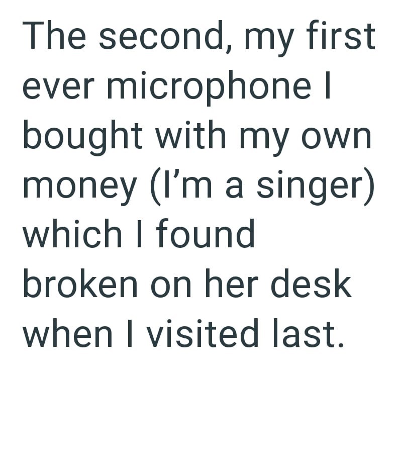 The second, my first ever microphone I bought with my own money (I'm a singer) which I found broken on her desk when I visited last.