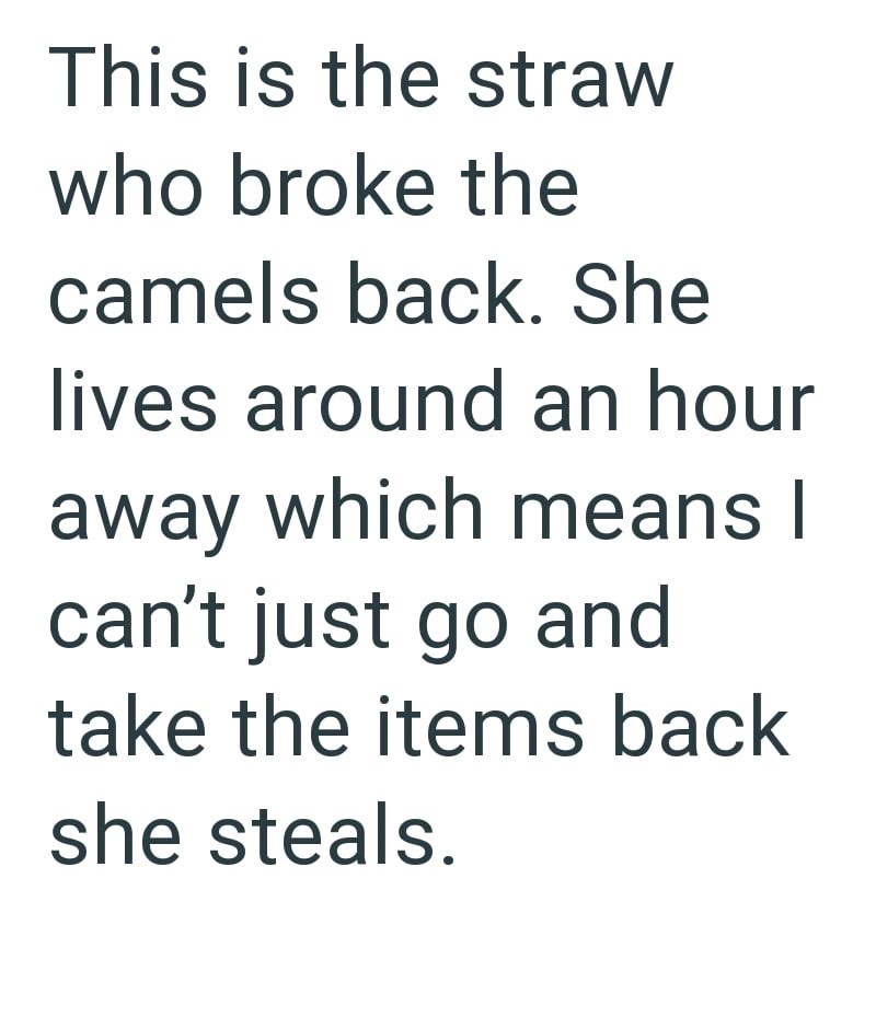 This is the straw who broke the camels back. She lives around an hour away which means I can't just go and take the items back she steals.
