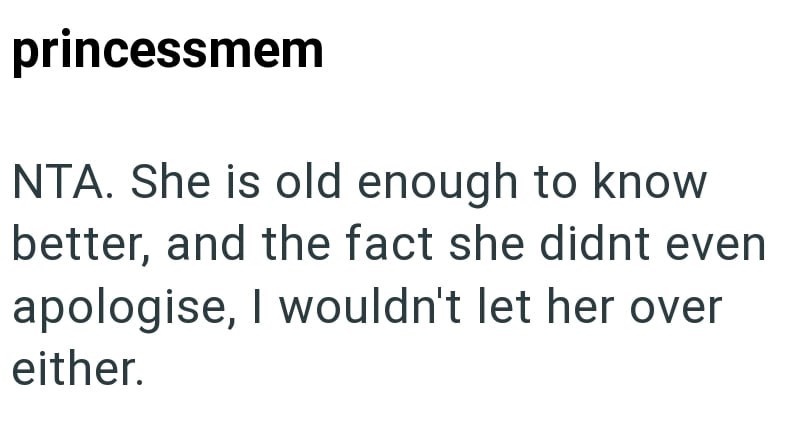 princessmem NTA. She is old enough to know better, and the fact she didnt even apologise, I wouldn't let her over either.