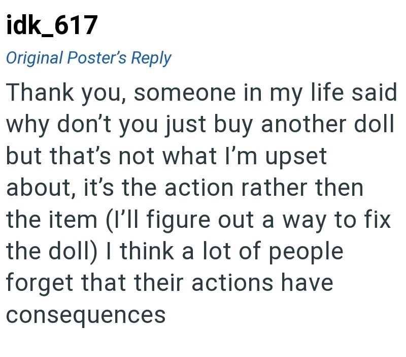 idk_617 Original Poster's Reply Thank you, someone in my life said why don't you just buy another doll but that's not what I'm upset about, it's the action rather then the item (I'll figure out a way to fix the doll) I think a lot of people forget that their actions have consequences