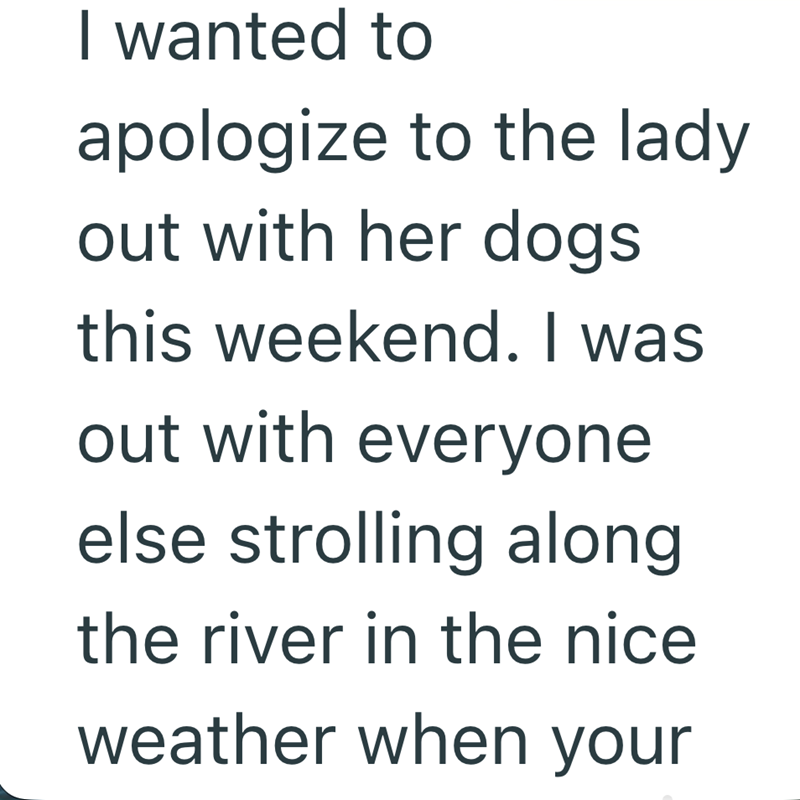 I wanted to apologize to the lady out with her dogs this weekend. I was out with everyone else strolling along the river in the nice weather when your