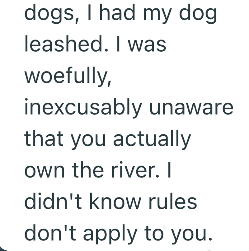 dogs, I had my dog leashed. I was woefully, inexcusably unaware that you actually own the river. I didn't know rules don't apply to you.