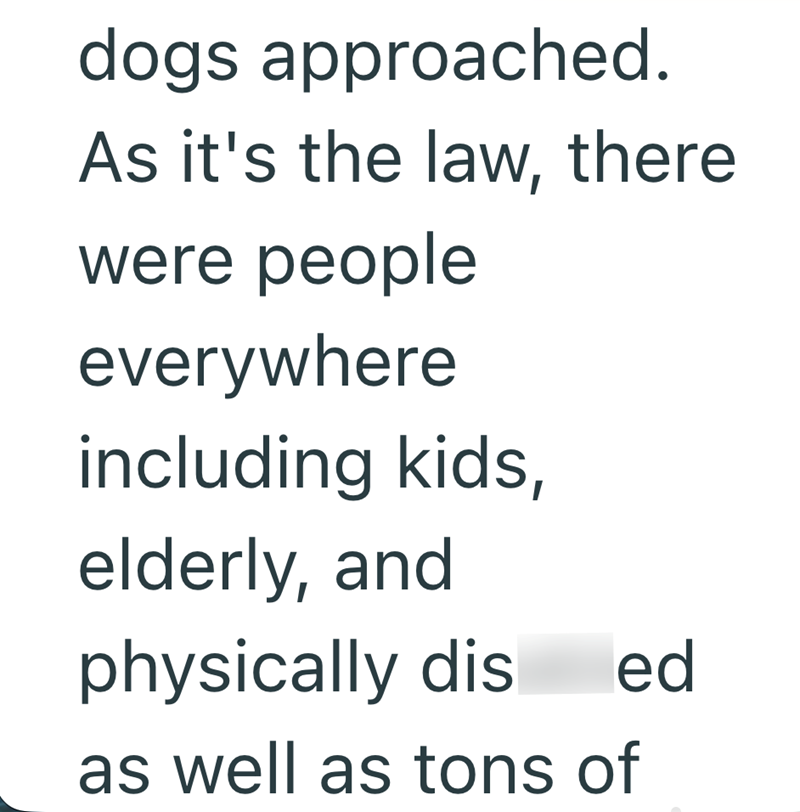 dogs approached. As it's the law, there were people everywhere including kids, elderly, and physically dis ed as well as tons of