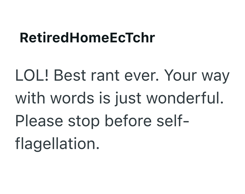 RetiredHomeEcTchr LOL! Best rant ever. Your way with words is just wonderful. Please stop before self- flagellation.
