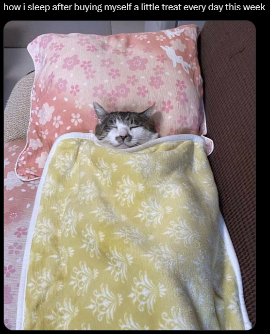 how i sleep after buying myself a little treat every day this week