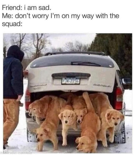 Friend: i am sad. Me: don't worry I'm on my way with the squad: made with mematic JK-2236