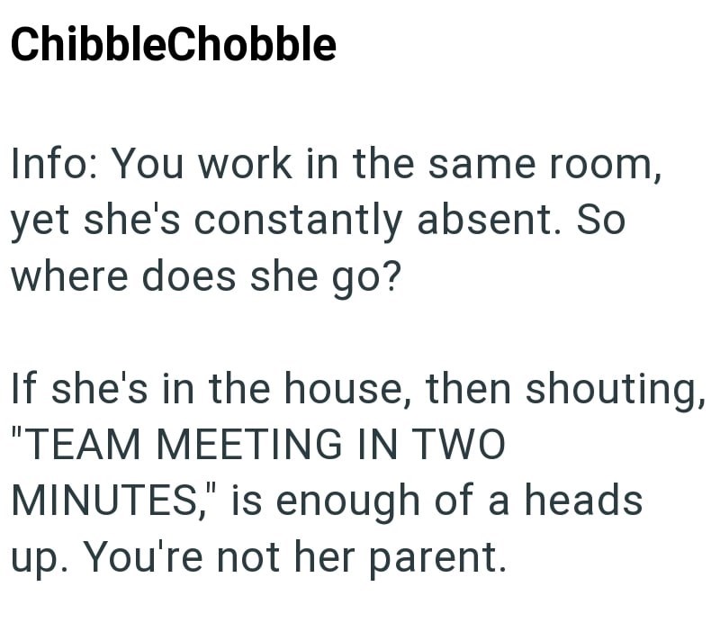 ChibbleChobble Info: You work in the same room, yet she's constantly absent. So where does she go? If she's in the house, then shouting, "TEAM MEETING IN TWO MINUTES," is enough of a heads up. You're not her parent.
