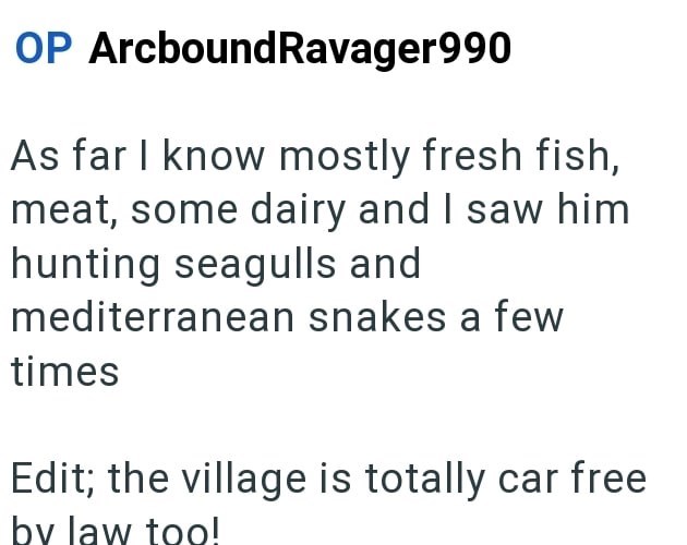 OP ArcboundRavager990 As far I know mostly fresh fish, meat, some dairy and I saw him hunting seagulls and mediterranean snakes a few times Edit; the village is totally car free by law too!