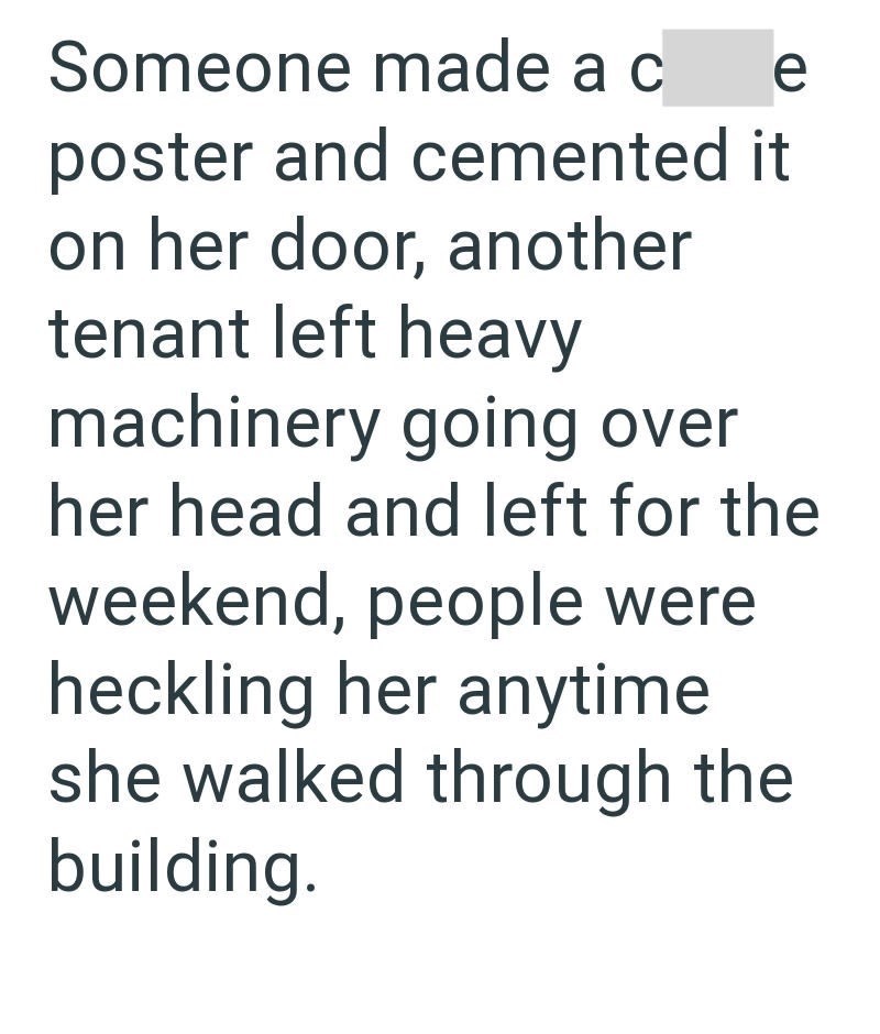 Someone made a c e poster and cemented it on her door, another tenant left heavy machinery going over her head and left for the weekend, people were heckling her anytime she walked through the building.