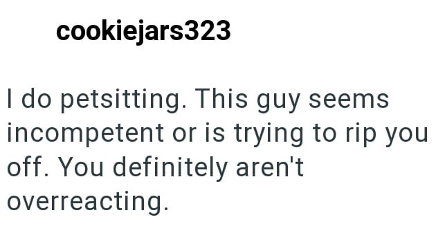 cookiejars323 I do petsitting. This guy seems incompetent or is trying to rip you off. You definitely aren't overreacting.