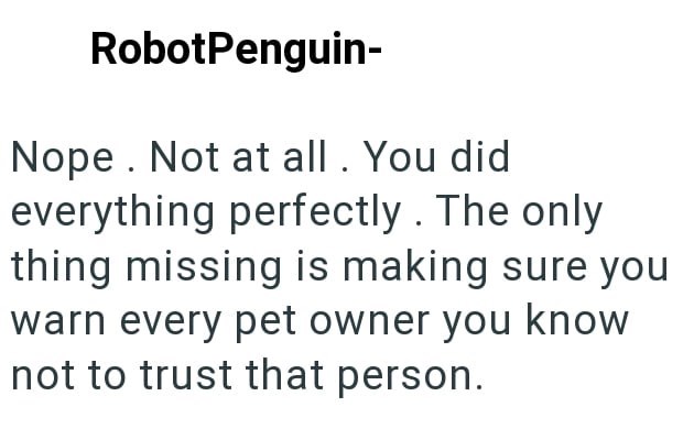 RobotPenguin- Nope. Not at all. You did everything perfectly. The only thing missing is making sure you warn every pet owner you know not to trust that person.