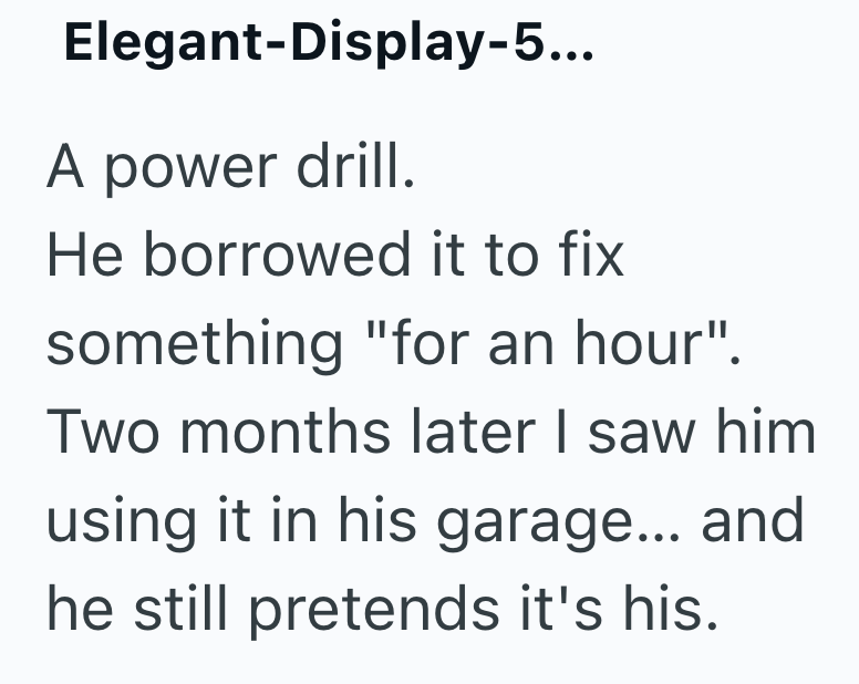 Elegant-Display-5... A power drill. He borrowed it to fix something "for an hour". Two months later I saw him using it in his garage... and he still pretends it's his.