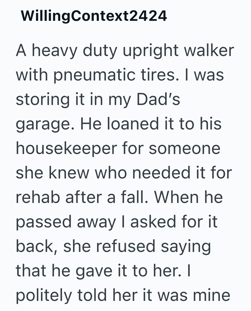 WillingContext2424 A heavy duty upright walker with pneumatic tires. I was storing it in my Dad's garage. He loaned it to his housekeeper for someone she knew who needed it for rehab after a fall. When he passed away I asked for it back, she refused saying that he gave it to her. I politely told her it was mine.