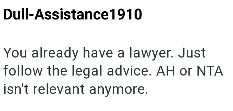 Dull-Assistance1910 You already have a lawyer. Just follow the legal advice. AH or NTA isn't relevant anymore.