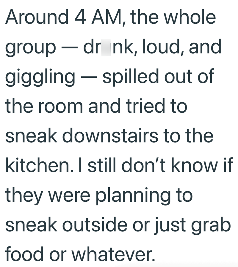 Around 4 AM, the whole group - drink, loud, and giggling - spilled out of the room and tried to sneak downstairs to the kitchen. I still don't know if they were planning to sneak outside or just grab food or whatever.